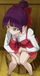  1girl bangs blunt_bangs bow choker dress eyebrows_visible_through_hair from_above gegege_no_kitarou hair_bow haruyama_kazunori long_sleeves looking_to_the_side nekomusume nekomusume_(gegege_no_kitarou_6) purple_hair red_bow red_choker red_dress shirt short_hair sitting solo white_shirt yellow_eyes 