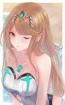  1girl bare_shoulders blonde_hair blush breasts highres hikari_(xenoblade_2) jewelry leonmandala long_hair looking_at_viewer one-piece_swimsuit one_eye_closed simple_background swimsuit tiara water wet xenoblade_(series) xenoblade_2 