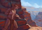  2019 anthro athletic bethesda_softworks bulge canyon clothing detailed_background digital_media_(artwork) ear_tuft felid fur hi_res kaynine khajiit leaning leaning_forward loincloth lomethoron looking_aside male mammal melee_weapon outside polearm red_fur sky spear standing tan_fur the_elder_scrolls tuft video_games weapon white_fur 