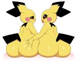  :s anthro big_butt black_fur blush brown_eyes butt butt_grab dipstick_ears duo eye_contact eyelashes female fur hand_on_butt happy hi_res looking_at_another looking_away multicolored_ears nintendo pichu pok&eacute;mon pok&eacute;mon_(species) pok&eacute;morph pururing shy simple_background sitting video_games white_background yellow_fur 