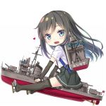  1girl arm_warmers asashio_(destroyer) asashio_(kantai_collection) black_hair black_legwear black_skirt blue_eyes character_name commentary_request full_body gotou_hisashi heart kantai_collection long_hair looking_at_viewer machinery namesake object_namesake pleated_skirt riding ship shirt short_sleeves simple_background skirt smile smokestack solo suspender_skirt suspenders thighhighs watercraft white_background white_shirt 