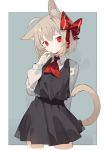  1girl ahoge alternate_hair_color animal_ear_fluff animal_ears arm_behind_back bangs black_skirt black_vest blush border bow cat_ears cat_tail commentary cowboy_shot cropped_legs grey_background grey_hair hair_between_eyes hair_bow hand_up highres kemonomimi_mode long_sleeves looking_at_viewer neckerchief outside_border red_bow red_eyes red_neckwear rumia sh_(562835932) shirt short_hair simple_background skirt skirt_set solo standing tail touhou vest white_border white_shirt 