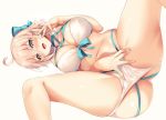  ass bikini blush bow breasts cleavage erect_nipples fate/grand_order fate_(series) hinata_sora navel okita_souji_(fate) panty_pull pink_hair short_hair spread_legs swimsuit white yellow_eyes 