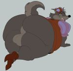  2019 anthro balls bedroom_eyes big_butt bottomless butt canid canine canis clothed clothing disney footwear gumcrate half-closed_eyes hat headgear headwear hi_res looking_back male mammal obese open_mouth overweight penis robin_hood_(disney) seductive sheriff_of_nottingham shoes simple_background solo tongue wolf 
