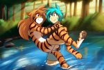  2019 anthro blue_hair breasts bridal_carry butt carrying casual_nudity clothed clothing conditional_dnp convenient_censorship digitigrade duo felid female flora_(twokinds) forest fur hair hi_res human keidran male mammal multicolored_fur nude orange_fur outside pantherine partially_submerged pawpads river side_boob smile striped_fur stripes tiger tom_fischbach trace_legacy tree twokinds water webcomic white_fur 