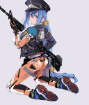  1girl ass blue_hair blush breasts gun hair_ornament highres kiriyama long_hair open_mouth orange_eyes original ribbon rifle shoes solo very_long_hair weapon 