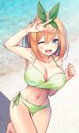  1girl arm_up armpits bangs bare_shoulders bikini blue_eyes blurry blurry_background blush breasts cleavage go-toubun_no_hanayome green_bikini green_ribbon hair_between_eyes hair_ribbon highres kakaon large_breasts leg_up looking_at_viewer nakano_yotsuba navel one_eye_closed open_mouth orange_hair ribbon side-tie_bikini sidelocks skindentation smile solo stomach swimsuit thighs v 