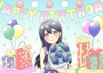  1girl balloon bangs blue_flower blue_hair blush bouquet box commentary_request eyebrows_visible_through_hair flower gift gift_box hair_between_eyes hairband happy_birthday heart highres holding holding_bouquet long_hair looking_at_viewer love_live! love_live!_school_idol_project sleeveless smile solo sonoda_umi takochan77 yellow_eyes 