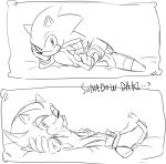  anthro bed black_and_white clothing dakimakura_design den255 duo english_text eulipotyphlan footwear gloves handwear hedgehog holding_head looking_at_viewer lying male mammal monochrome on_back on_bed on_side seductive shadow_the_hedgehog shoes sketch smile sonic_(series) sonic_the_hedgehog text 