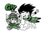  1boy 1girl :d :o baseball_cap black_eyes black_hair boots character_name chibi clothes_writing commentary_request creator_connection crossover dougi dr._slump dragon_ball dragon_ball_z dust eyelashes fenyon fingernails floating_hair flying full_body glasses gloves green_theme happy hat long_hair looking_at_viewer looking_down looking_up monochrome norimaki_arale open_mouth outstretched_arms overalls running shoes simple_background smile sneakers son_gokuu spiked_hair teeth translation_request white_background winged_hat wristband 