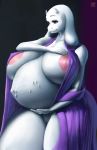  2019 abdominal_bulge anthro baxer-mx belly big_belly big_breasts boss_monster bovid breasts caprine clothed clothing death digital_media_(artwork) edit female hand_imprint hi_res huge_breasts imprint mammal mature_female nipples pregnant robe simple_background solo text toriel undertale video_games vore 