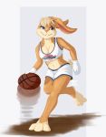  3_toes barefoot basketball blue_eyes breasts brown_fur buckteeth cleavage clothed clothing female fur hi_res jazzax lagomorph leporid lola_bunny looney_tunes mammal midriff multicolored_fur rabbit simple_background solo teeth toes two_tone_fur warner_brothers 