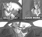  akella ambiguous_gender anthro bodily_fluids canid canine car clothing disney english_text fox jack_savage lagomorph leporid mammal meme nick_wilde oral rabbit tears text vehicle zootopia 