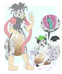  ambiguous_gender anthro biped bodily_fluids diaper duo feces felid fur genital_fluids hair hi_res male mammal messy_diaper pantherine scat simple_background snow_leopard soiling tailbiter urine watersports wet_diaper wetting white_background 