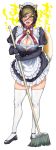  1girl animal_ears apron bangs black_gloves blush breasts brown_eyes brown_hair choker cleavage cleavage_cutout dog_ears dog_tail dress elbow_gloves eyelashes fake_animal_ears fake_tail fangs frilled_dress frills full_body gloves golden_kamuy highres kimidake large_breasts lips looking_at_viewer maid maid_apron maid_dress maid_headdress mop neck_bell neck_ribbon official_art open_mouth puffy_sleeves ribbon scar sharp_teeth shoes short_dress short_hair simple_background skindentation solo standing sugimoto_saichi sweat swept_bangs tail teeth thighhighs thighs v-shaped_eyebrows waist_apron white_background white_legwear zettai_ryouiki 