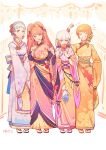  4girls absurdres alternate_costume blue_hair braid brown_eyes closed_eyes closed_mouth crown_braid earrings fire_emblem fire_emblem:_three_houses flower geta grin hair_flower hair_ornament highres hilda_valentine_goneril holding japanese_clothes jewelry kimono leonie_pinelli long_hair long_sleeves lysithea_von_ordelia marianne_von_edmund multiple_girls obi open_mouth orange_hair pink_eyes pink_hair ponytail redricewine sash smile white_hair wide_sleeves 