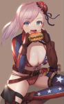  1girl absurdres american_flag_bikini asymmetrical_gloves asymmetrical_hair asymmetrical_legwear bangs belt bikini blue_eyes breasts brown_belt brown_gloves bun_cover dolce_(dolsuke) elbow_gloves fate/grand_order fate_(series) fingerless_gloves flag_print food front-tie_bikini front-tie_top gloves hair_bun hamburger highres holding holding_food indian_style large_breasts miyamoto_musashi_(fate/grand_order) miyamoto_musashi_(swimsuit_berserker)_(fate) multi-strapped_bikini pink_hair revision shrug_(clothing) single_elbow_glove single_sidelock single_thigh_boot sitting solo star star_print swept_bangs swimsuit 