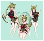  3girls :d animal_ears arm_blade bare_shoulders beige_legwear blade blush border breasts clenched_hands closed_mouth detached_sleeves eyebrows_visible_through_hair eyes_visible_through_hair fur green_background green_hair hair_between_eyes highres holding_pot japanese_clothes kamaitachi_(monster_girl_encyclopedia) large_breasts legs long_hair long_sleeves looking_at_viewer magic medium_hair monster_girl monster_girl_encyclopedia multiple_girls open_mouth orange_eyes paw_pose pelvic_curtain ponytail pot sash short_hair simple_background smile standing standing_on_one_leg tail thighhighs twintails water weapon white_border wide_sleeves wlper 