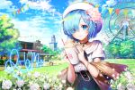  1girl apple_caramel artist_name bird blue_hair blue_sky building cloud cup day disposable_cup drinking_straw ferris_wheel flower grass hair_flower hair_ornament hair_over_one_eye hat outdoors re:zero_kara_hajimeru_isekai_seikatsu rem_(re:zero) short_hair short_sleeves sky smile solo standing string_of_flags tree whipped_cream white_flower white_headwear x_hair_ornament 