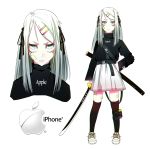  &gt;:( 1girl absurdres apple_inc. bandaid bandaid_on_face bandaid_on_leg belt belt_buckle black_shirt blue_eyes buckle closed_mouth clothes_writing company_name eyebrows_visible_through_hair full_body hair_ornament hair_ribbon hairclip hand_on_hip highres holding holding_sword holding_weapon katana kneehighs light_blue_eyes logo long_sleeves looking_at_viewer medium_hair multiple_views open_mouth original personification ribbon scabbard serious sheath shirt shoes shoulder_belt sidelocks simple_background skirt standing sword teeth upper_body v-shaped_eyebrows vinne weapon white_background white_eyelashes white_hair white_skirt 