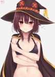  1girl bare_arms bare_shoulders black_bra blush bra breasts brown_hair brown_headwear cape closed_mouth collarbone commentary_request flying_sweatdrops frown grey_background hat highres kono_subarashii_sekai_ni_shukufuku_wo! looking_at_viewer medium_breasts megumin navel noeru_(gt17854) red_eyes short_hair signature simple_background solo sweat underwear underwear_only upper_body v-shaped_eyebrows witch_hat 