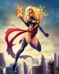  blonde_hair boots breasts carol_danvers domino_mask highres krystopher_decker large_breasts leotard marvel mask ms._marvel sash thigh_boots thighhighs 
