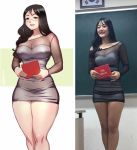  1girl asian bangs bare_legs black_eyes black_hair bokuman breasts classroom cleavage collarbone commentary comparison covered_nipples cowboy_shot dress english_commentary grey_dress holding holding_paper indoors large_breasts legs long_hair long_sleeves open_mouth paper photo real_life reference_photo simple_background solo standing teacher thick_thighs thighs tight_dress wide_hips 