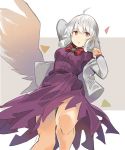  1girl ahoge arm_up bangs bow bowtie breasts clenched_hand commentary_request dress eyebrows_visible_through_hair feet_out_of_frame grey_background grey_jacket hair_between_eyes hand_up highres jacket kishin_sagume long_sleeves looking_at_viewer medium_breasts off_shoulder open_clothes open_jacket parted_lips purple_dress red_bow red_eyes red_neckwear rin_falcon short_hair sidelocks silver_hair single_wing solo thighs touhou two-tone_background white_background white_wings wings 