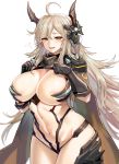  1girl ahoge armor bikini_armor blonde_hair breasts cape character_request cleavage eyebrows_visible_through_hair eyes_visible_through_hair gauntlets gloves headgear huge_breasts last_origin long_hair navel open_mouth pauldrons solo taesi white_background yellow_eyes 