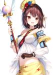  1girl :d atelier_(series) atelier_sophie bare_shoulders beret breasts brown_gloves brown_hair collarbone commentary_request flower gloves hat highres holding holding_staff looking_at_viewer medium_breasts midriff navel off-shoulder_shirt off_shoulder open_mouth red_eyes rose sash shiero. shirt short_hair shorts simple_background smile solo sophie_neuenmuller staff upper_body white_background white_shirt yellow_shorts 