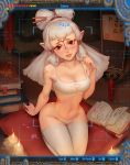  blush breasts breath_of_the_wild clothing female hair humanoid humanoid_pointy_ears hylian kittew legwear lingerie looking_at_viewer nintendo not_furry paya solo the_legend_of_zelda video_games white_hair 