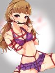  1girl bangs bdsm bikini bit_gag blunt_bangs blush bondage bound bound_torso breast_bondage breasts brown_hair collarbone commentary crotch_rope eyebrows_visible_through_hair frilled_bikini frills gag gagged gradient gradient_background grey_background idolmaster idolmaster_cinderella_girls kamiya_nao long_hair looking_at_viewer low_twintails murabito_c purple_bikini red_eyes rope shibari shibari_over_clothes shiny shiny_hair sidelocks skindentation spread_legs sweat swimsuit tied_hair twintails white_background 