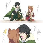  /\/\/\ 1boy 1girl animal_ears arrow arrow_in_body black_hair boots brown_footwear brown_hair cape closed_eyes commentary_request full_body green_cape green_eyes iwatani_naofumi kneeling long_hair looking_at_another open_mouth raccoon_ears raccoon_tail raphtalia short_hair simple_background tail tate_no_yuusha_no_nariagari translation_request umanosuke white_background 