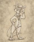  2019 anthro bottomless bow_tie clothed clothing featureless_crotch flinters fur hair hat headgear headwear hi_res male mammal mustelid solo 
