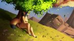  16:9 black_fur black_hair blue_eyes canid canine female fenavi_montaro fennec feretta fox fur grass hair hi_res mammal mountain nude scenery sky tree yellow_fur 