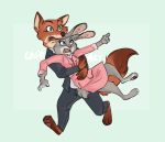  anthro black_nose canid canine carrying clothed clothing dipstick_tail disney dress female fox fur gesture green_eyes grey_fur judy_hopps lagomorph leporid male mammal multicolored_tail nick_wilde open_mouth orange_fur pink_nose pointing purple_eyes rabbit running yelnatsdraws zootopia 