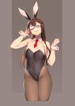  1girl adjusting_eyewear alternate_costume animal_ears black_hair black_leotard breasts brown_background bunny_ears bunnysuit commentary_request cowboy_shot cropped_torso detached_collar glint green_eyes highleg highleg_leotard highres kantai_collection leotard long_hair looking_at_viewer necktie one_eye_closed ooyodo_(kantai_collection) pantyhose red_neckwear semi-rimless_eyewear small_breasts smug solo standing strapless strapless_leotard two-tone_background under-rim_eyewear wrist_cuffs yuuji_(and) 