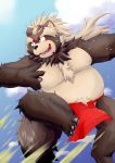  2019 absurd_res anthro belly black_nose blush brown_fur canid canine clothing fundoshi fur goemon_(tas) hi_res japanese_clothing kamiya_shippo male mammal moobs nipples outside overweight overweight_male raccoon_dog solo tanuki teeth tokyo_afterschool_summoners underwear video_games 