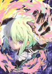  1boy biker_clothes closed_eyes cravat fire foreshortening from_above gloves green_hair half_gloves hands kawaku lio_fotia looking_at_viewer male_focus perspective promare purple_eyes reaching_out short_hair signature solo 
