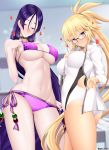  2girls artist_name ass bad_proportions bangs bikini blonde_hair blue_eyes blush breasts choker fate/grand_order fate_(series) glasses hair_between_eyes hand_up heart indoors jacket jeanne_d&#039;arc_(fate)_(all) jeanne_d&#039;arc_(swimsuit_archer) large_breasts long_hair looking_at_viewer minamoto_no_raikou_(fate/grand_order) minamoto_no_raikou_(swimsuit_lancer)_(fate) multiple_girls navel ponytail purple_bikini purple_eyes purple_hair side-tie_bikini swimsuit swimsuit_pull unadon very_long_hair whistle white_jacket white_swimsuit 