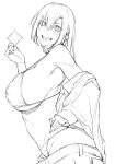  bangs bikini blush breasts condom_wrapper covered_nipples greyscale hand_on_hip large_breasts long_hair looking_at_viewer monochrome obmas_(pfeito) original sideboob sketch smile swimsuit 