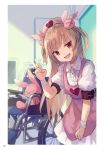  1girl apron armband bandages bangs blurry blurry_background blush bunny_hair_ornament clock door dress fang hair_ornament hat heart indoors leaning_forward light_brown_hair long_hair looking_at_viewer natori_sana nurse_cap open_mouth pink_apron pink_headwear puffy_short_sleeves puffy_sleeves red_eyes roll_okashi safety_pin sana_channel short_sleeves skin_fang smile solo stuffed_animal stuffed_bunny stuffed_toy two_side_up upper_body v virtual_youtuber wall_clock wheelchair white_dress 