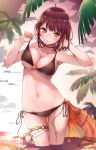  1girl ahoge alt atelier_(series) atelier_sophie bikini black_bikini blurry blush breasts brown_eyes brown_hair choker cloud collarbone commentary_request depth_of_field eyebrows_visible_through_hair highres large_breasts looking_at_viewer navel outdoors palm_tree parted_lips side-tie_bikini sky solo sophie_neuenmuller standing strap_pull sun sunrise sunset swimsuit tree water wet 