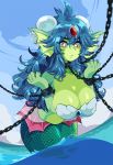  2019 ashiji big_breasts blue_hair breasts capcom chain cloud ear_fins eyelashes female fin giga_mermaid hair hi_res long_hair macro marine merfolk red_eyes restrained shackles shantae:_half-genie_hero shantae_(series) sky solo video_games water wayforward 