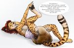  anthro areola big_breasts biped bodily_fluids breasts cheetah clothed clothing dialogue diaper digital_media_(artwork) digitigrade english_text feces felid feline female fetish-art fur genital_fluids hair leaking_diaper lying mammal messy_diaper nipples on_back pawpads scat simple_background soiling solo_focus speech_bubble spots spotted_fur text topless urine watersports white_background 