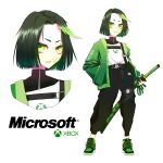  1girl absurdres bandaid bandaid_on_face belt belt_buckle black_pants buckle closed_mouth clothes_writing company_name dark_green_hair flat_chest full_body green_eyes green_hair green_jacket hand_in_pocket highres holding holding_sword holding_weapon jacket katana leg_belt logo looking_at_viewer looking_to_the_side microsoft multicolored_hair multiple_views open_mouth original pants parted_lips personification scabbard sheath shirt shoes short_hair shoulder_belt sidelocks simple_background standing sword two-tone_hair upper_body v-shaped_eyebrows vinne weapon white_background white_shirt xbox_one_(personification) 