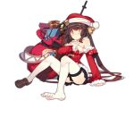  1girl alternate_costume bangs battle_rifle bell black_hair black_skirt blush breasts christmas coat commentary_request eyebrows_visible_through_hair gift girls_frontline gun hat long_hair looking_at_viewer m14 m14_(girls_frontline) medium_breasts official_art rain_lan red_coat red_headwear ribbon rifle sack santa_hat shirt shoes single_shoe skirt smile solo thighhighs transparent_background twintails weapon white_legwear yellow_eyes 