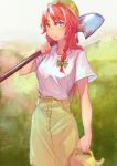  1girl artist_name bangs beret blue_eyes blush bow braid breasts commentary_request cowboy_shot green_bow green_headwear green_skirt hair_bow hat holding hong_meiling long_hair looking_at_viewer medium_breasts outdoors red_hair shirt short_sleeves shovel single_braid skirt solo standing star sweat touhou white_shirt ydpfa 