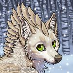  1:1 2010 ambiguous_gender back_nose canid canine day detailed_background digital_media_(artwork) feathers feral forest green_eyes hybrid katie_hofgard looking_at_viewer mammal outside snow solo tree 