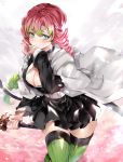  bangs blue_eyes breasts cleavage gradient_hair green_legwear haori hinahino holding holding_sword holding_weapon japanese_clothes kanroji_matsuri kimetsu_no_yaiba multicolored_hair pink_hair pleated_skirt ribbed_legwear skirt sword thighhighs unbuttoned unbuttoned_shirt weapon zettai_ryouiki 